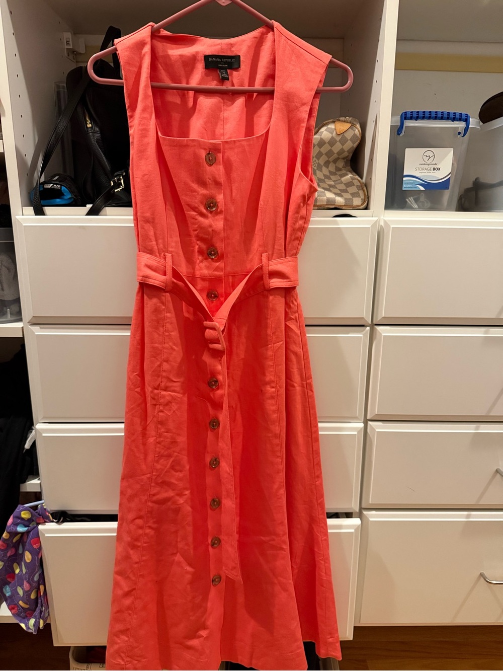 Never worn- Banana Republic Coral Button-Front Midi Dress with Waist Tie